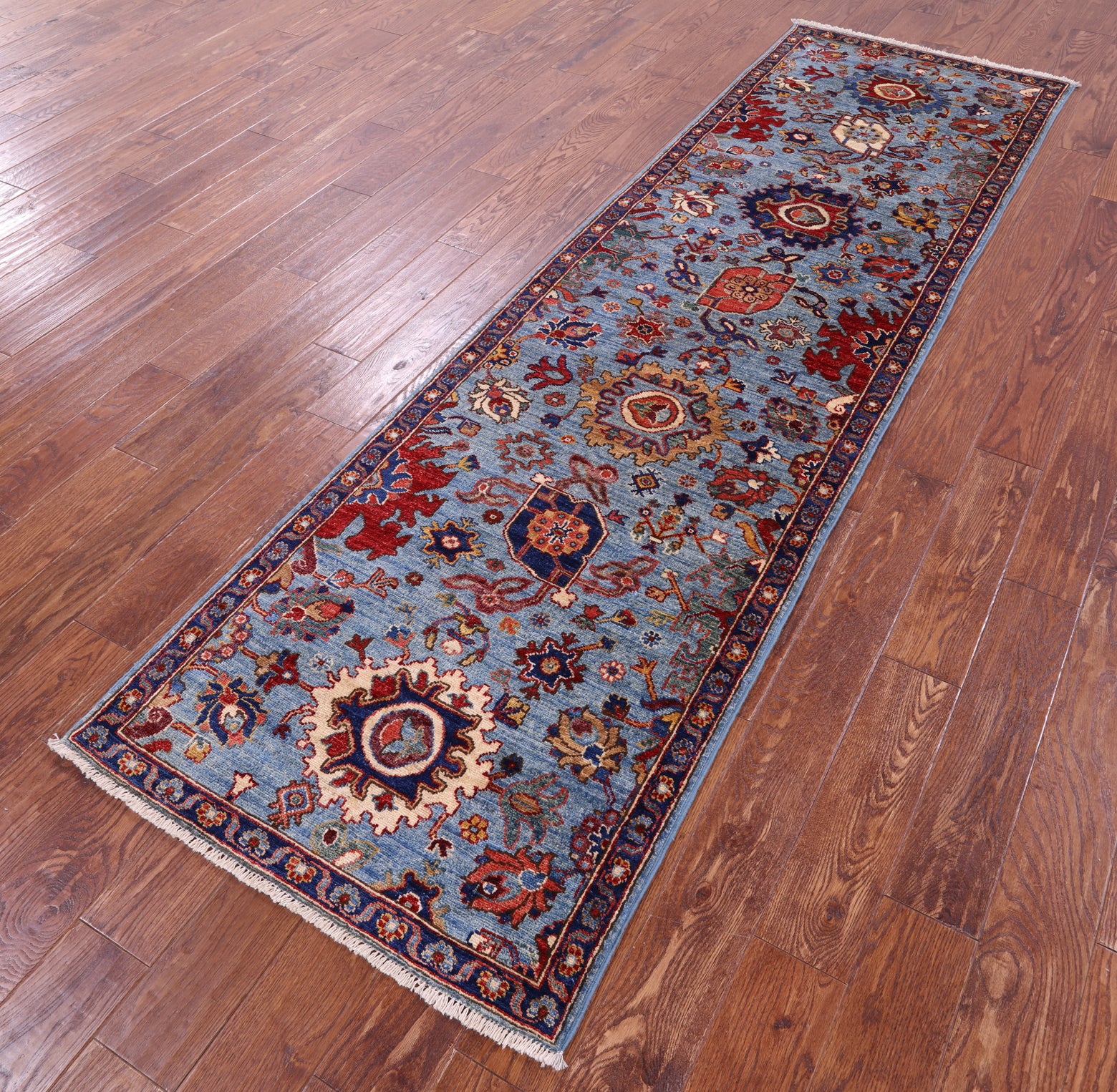 Blue Persian Fine Serapi Hand Knotted Wool Runner Rug - 2' 9" X 9' 6" - Golden Nile