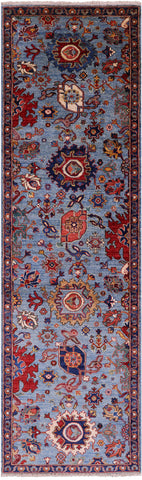 Blue Persian Fine Serapi Hand Knotted Wool Runner Rug - 2' 9