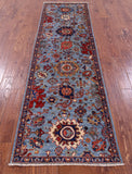 Blue Persian Fine Serapi Hand Knotted Wool Runner Rug - 2' 9" X 9' 6" - Golden Nile