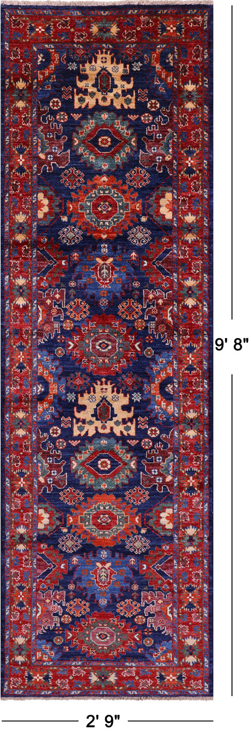 Blue Persian Fine Serapi Hand Knotted Wool Runner Rug - 2' 9" X 9' 8" - Golden Nile