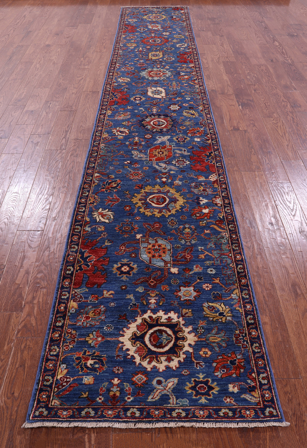 Blue Persian Fine Serapi Hand Knotted Wool Runner Rug - 2' 8" X 15' 7" - Golden Nile