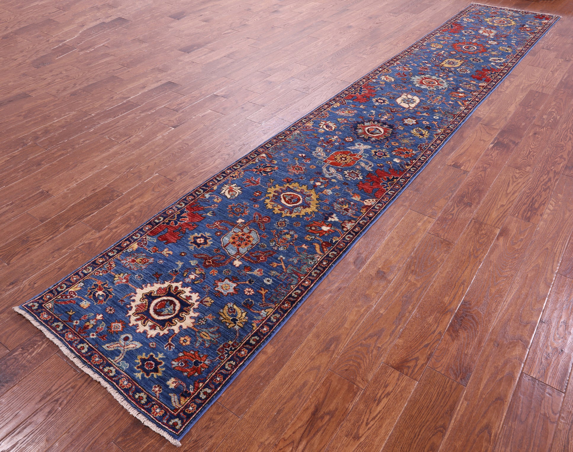 Blue Persian Fine Serapi Hand Knotted Wool Runner Rug - 2' 8" X 15' 7" - Golden Nile