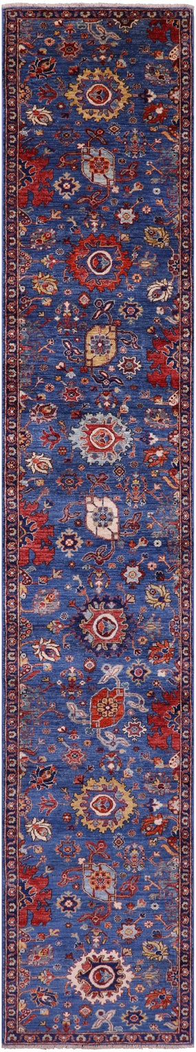 Blue Persian Fine Serapi Hand Knotted Wool Runner Rug - 2' 8" X 15' 7" - Golden Nile