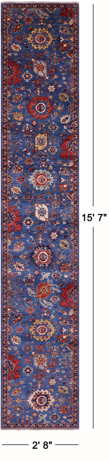 Blue Persian Fine Serapi Hand Knotted Wool Runner Rug - 2' 8" X 15' 7" - Golden Nile