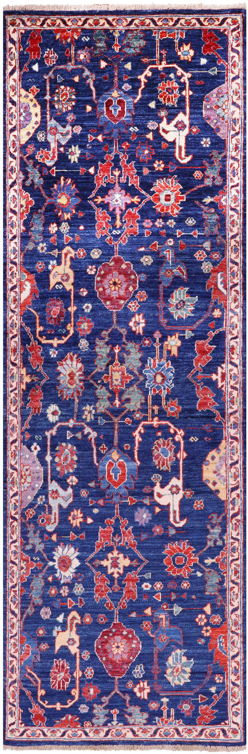 Blue Persian Fine Serapi Hand Knotted Wool Runner Rug - 2' 9" X 8' 4" - Golden Nile