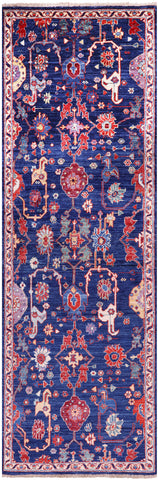 Blue Persian Fine Serapi Hand Knotted Wool Runner Rug - 2' 9