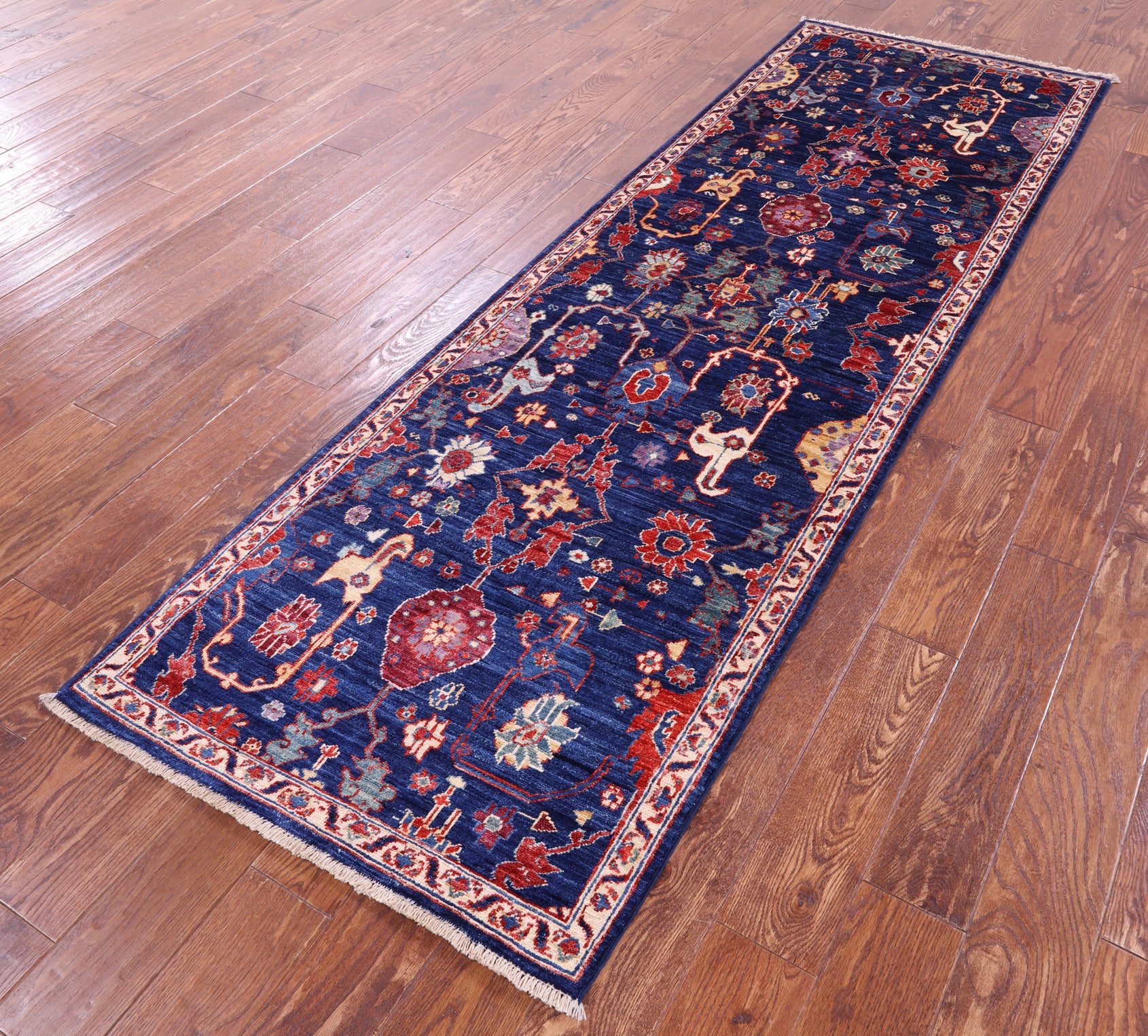 Blue Persian Fine Serapi Hand Knotted Wool Runner Rug - 2' 9" X 8' 4" - Golden Nile