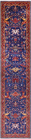 Blue Persian Fine Serapi Hand Knotted Wool Runner Rug - 2' 9