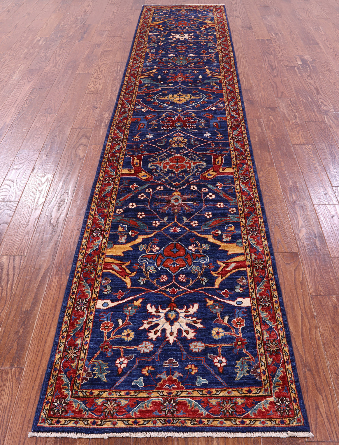 Blue Persian Fine Serapi Hand Knotted Wool Runner Rug - 2' 9" X 12' 11" - Golden Nile