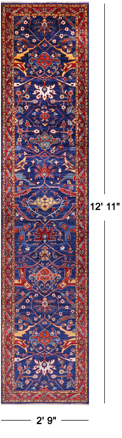Blue Persian Fine Serapi Hand Knotted Wool Runner Rug - 2' 9" X 12' 11" - Golden Nile