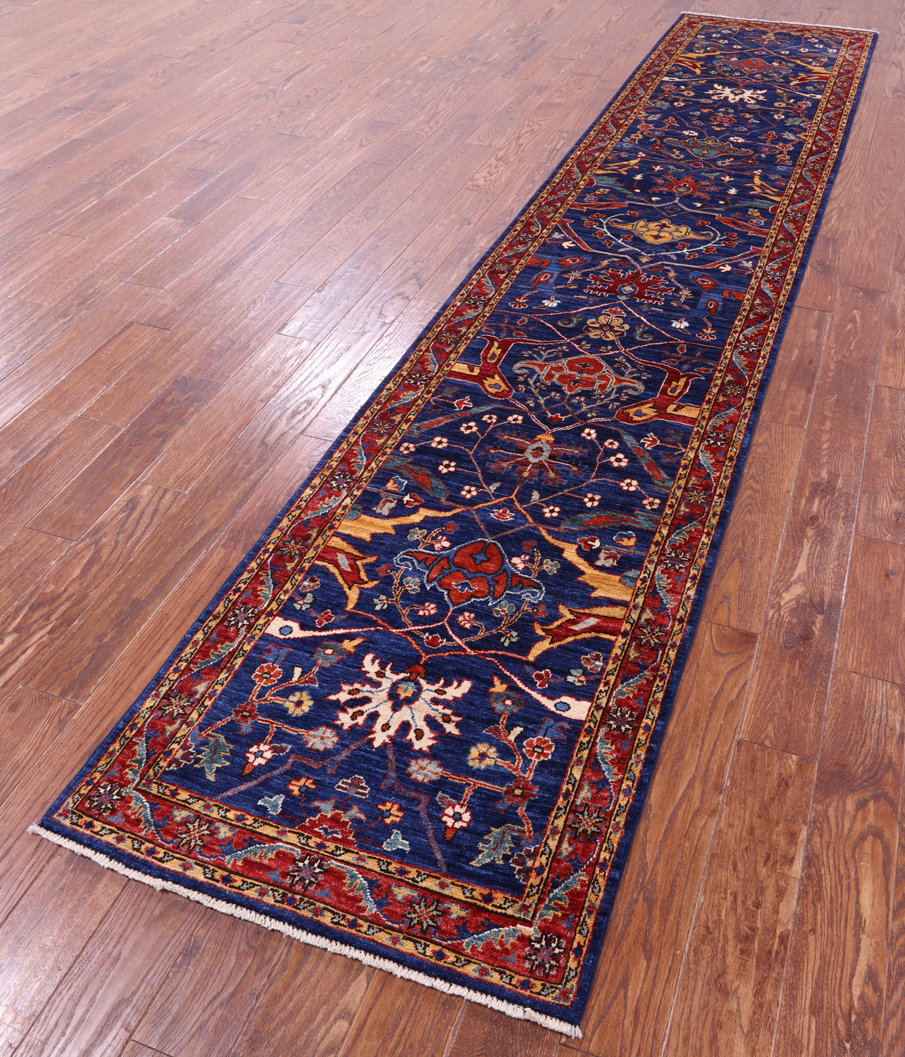 Blue Persian Fine Serapi Hand Knotted Wool Runner Rug - 2' 9" X 12' 11" - Golden Nile