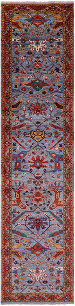 Blue Persian Fine Serapi Handmade Wool Runner Rug - 2' 9" X 11' 10" - Golden Nile