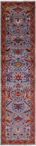 Blue Persian Fine Serapi Handmade Wool Runner Rug - 2' 9