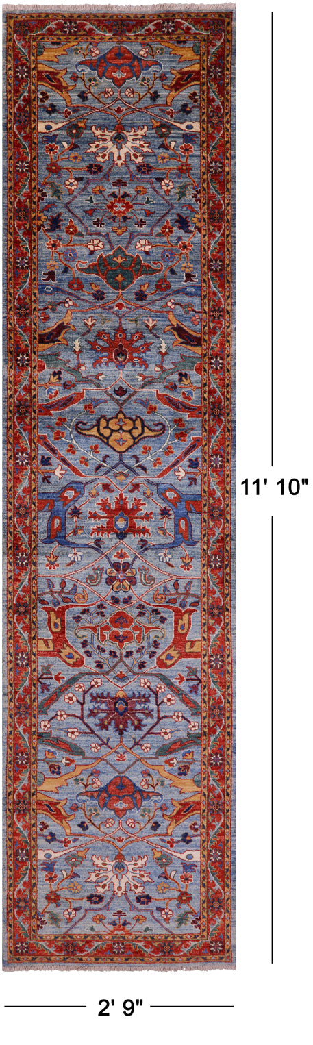Blue Persian Fine Serapi Handmade Wool Runner Rug - 2' 9" X 11' 10" - Golden Nile