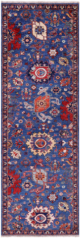 Blue Persian Fine Serapi Hand Knotted Wool Runner Rug - 2' 9