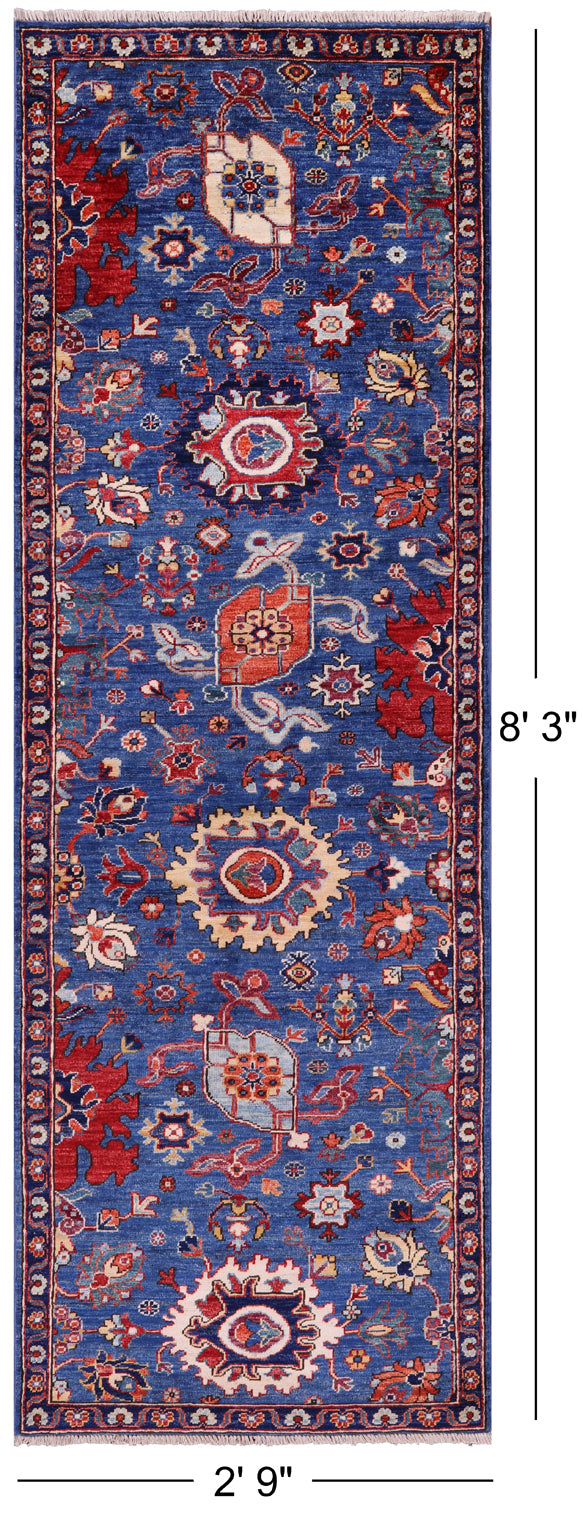 Blue Persian Fine Serapi Hand Knotted Wool Runner Rug - 2' 9" X 8' 3" - Golden Nile