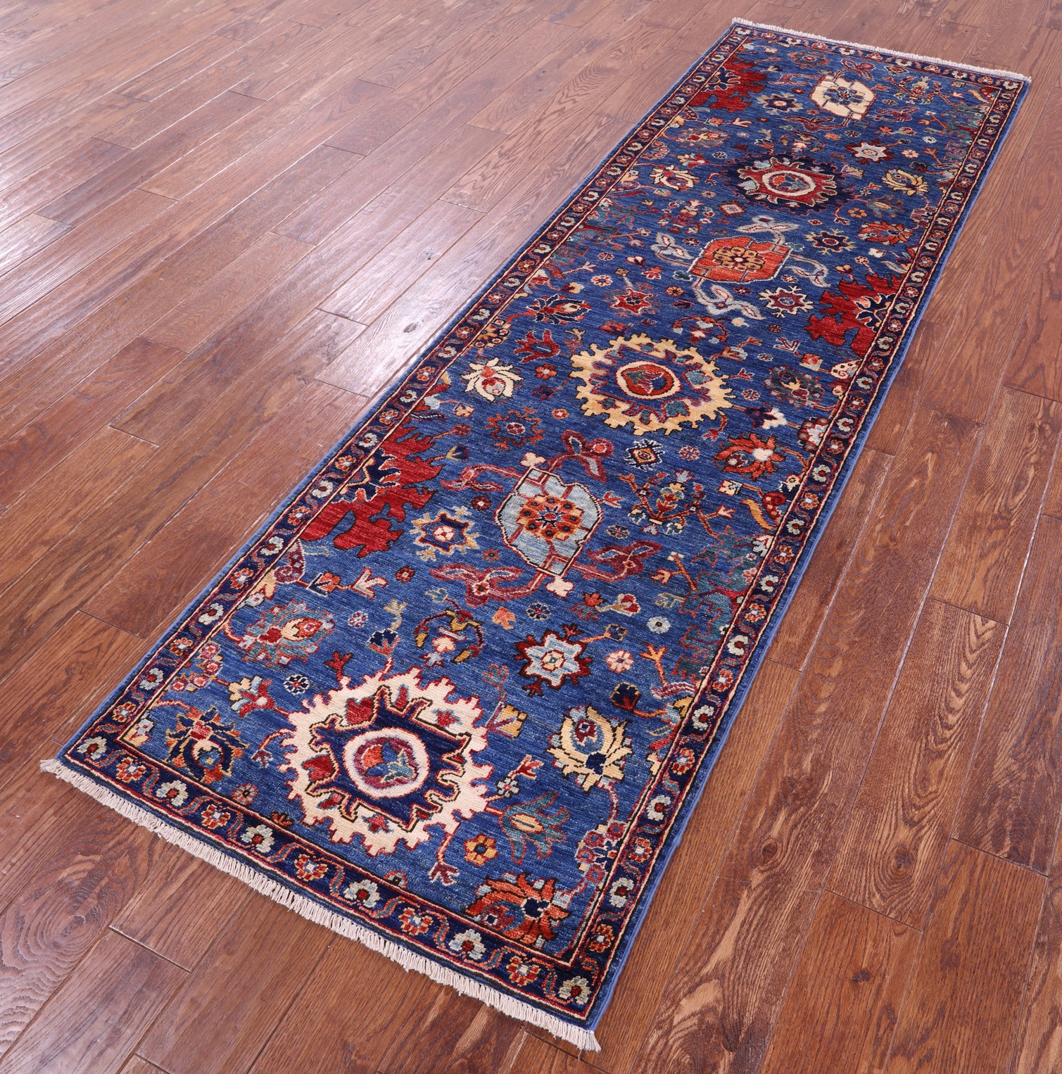 Blue Persian Fine Serapi Hand Knotted Wool Runner Rug - 2' 9" X 8' 3" - Golden Nile