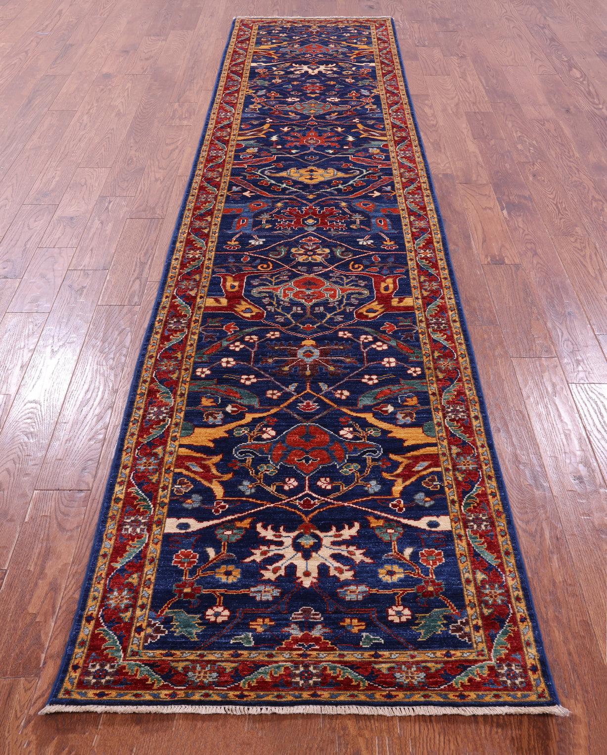 Blue Persian Fine Serapi Hand Knotted Wool Runner Rug - 2' 10" X 12' 10" - Golden Nile