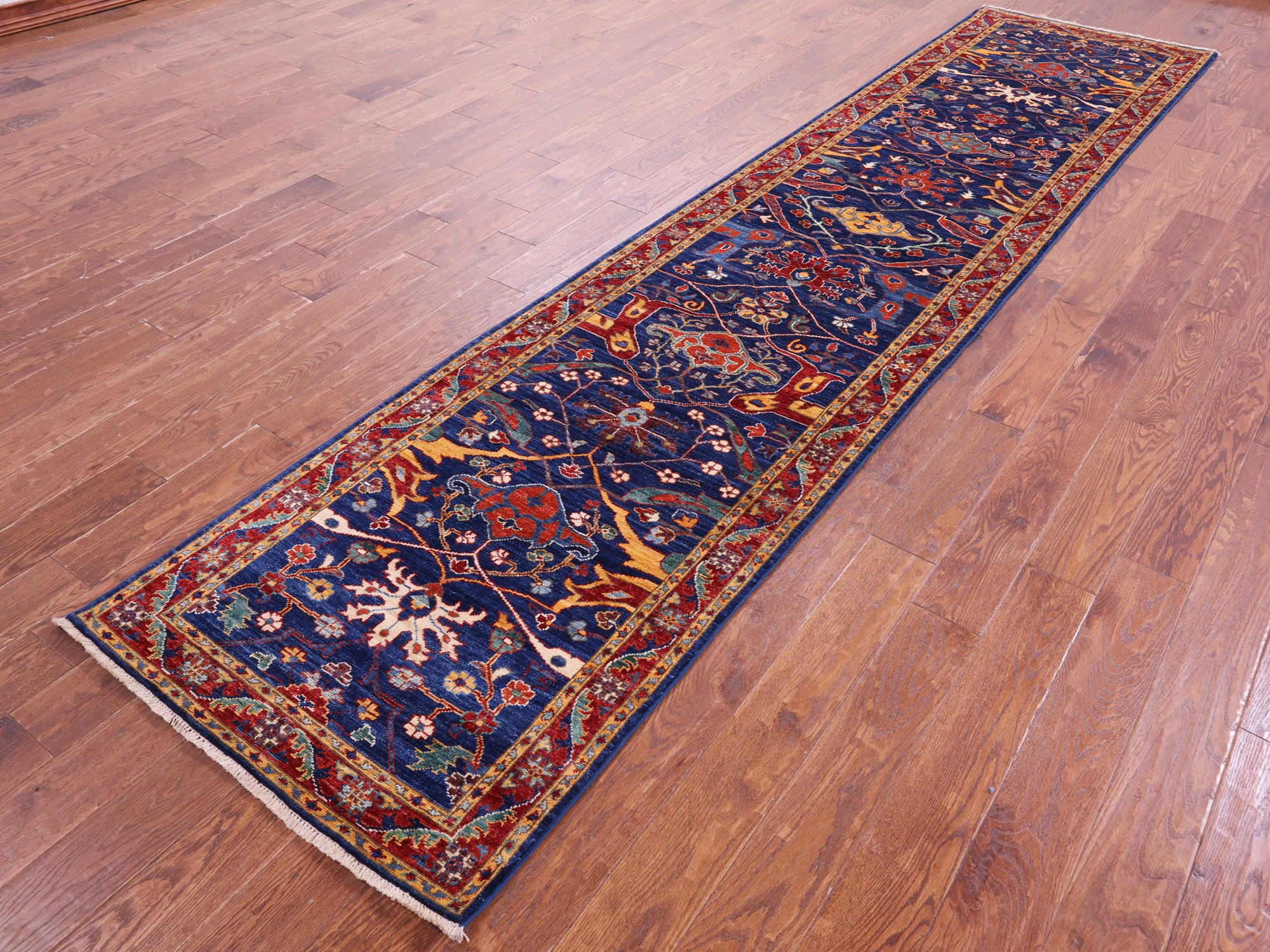 Blue Persian Fine Serapi Hand Knotted Wool Runner Rug - 2' 10" X 12' 10" - Golden Nile
