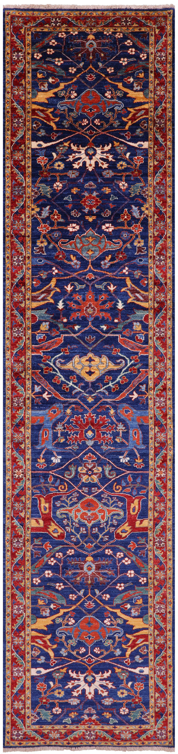 Blue Persian Fine Serapi Hand Knotted Wool Runner Rug - 2' 10" X 12' 10" - Golden Nile