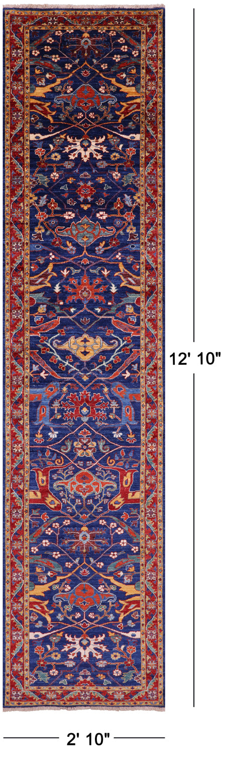 Blue Persian Fine Serapi Hand Knotted Wool Runner Rug - 2' 10" X 12' 10" - Golden Nile