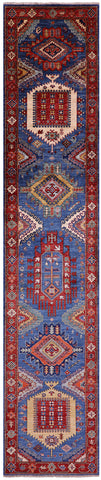 Blue Persian Fine Serapi Handmade Wool Runner Rug - 2' 9