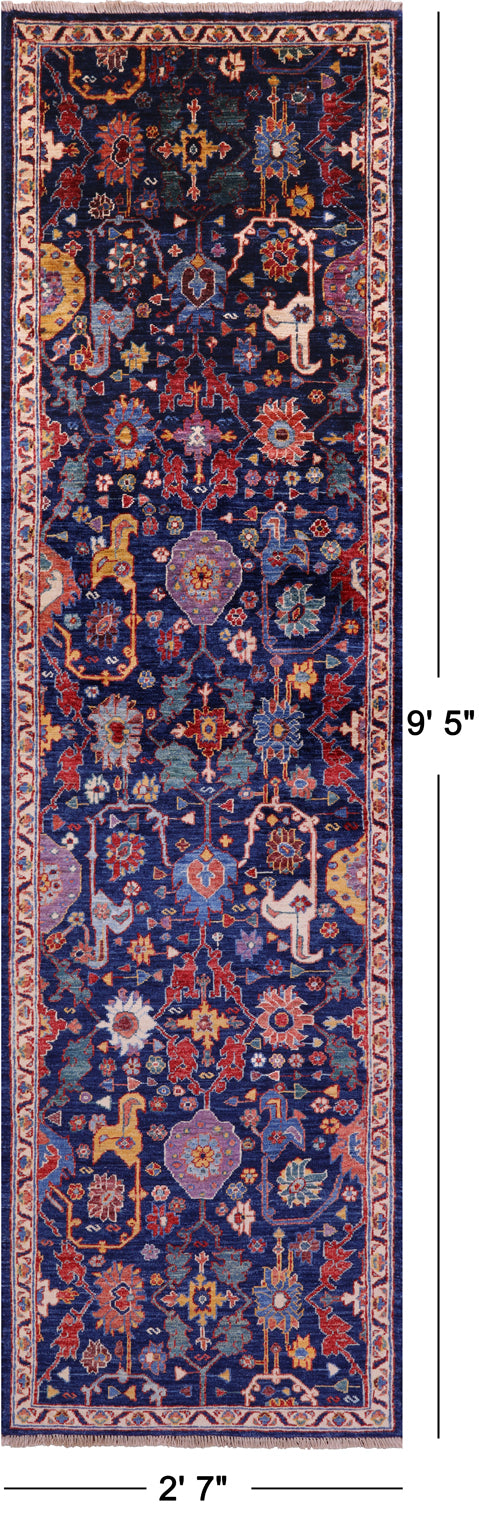 Blue Persian Fine Serapi Handmade Wool Runner Rug - 2' 7" X 9' 5" - Golden Nile