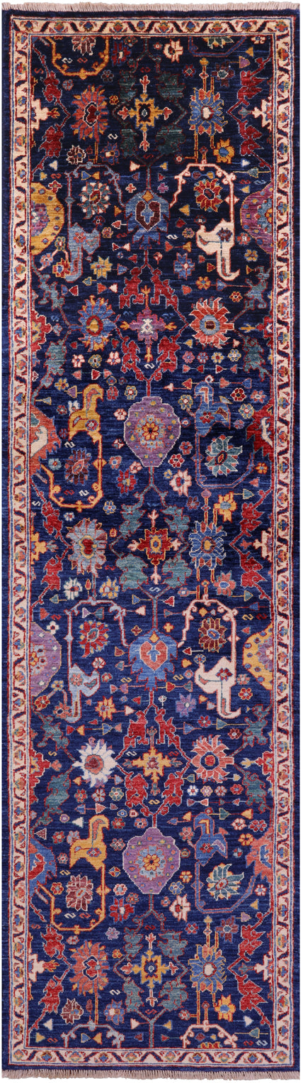 Blue Persian Fine Serapi Handmade Wool Runner Rug - 2' 7" X 9' 5" - Golden Nile