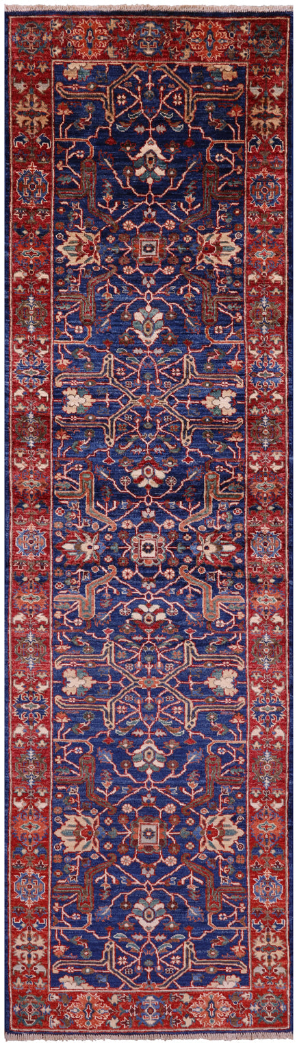 Blue Persian Fine Serapi Hand Knotted Wool Runner Rug - 2' 8" X 9' 9" - Golden Nile