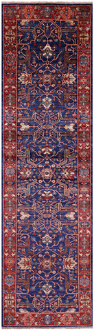 Blue Persian Fine Serapi Hand Knotted Wool Runner Rug - 2' 8
