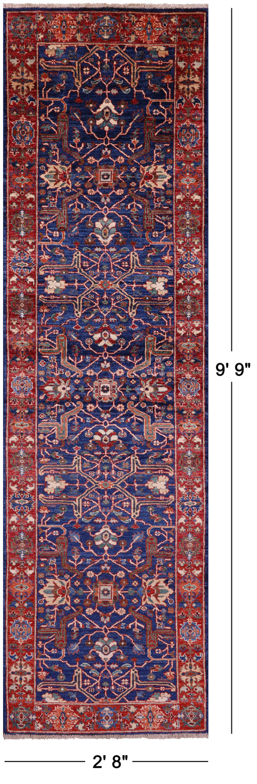 Blue Persian Fine Serapi Hand Knotted Wool Runner Rug - 2' 8" X 9' 9" - Golden Nile