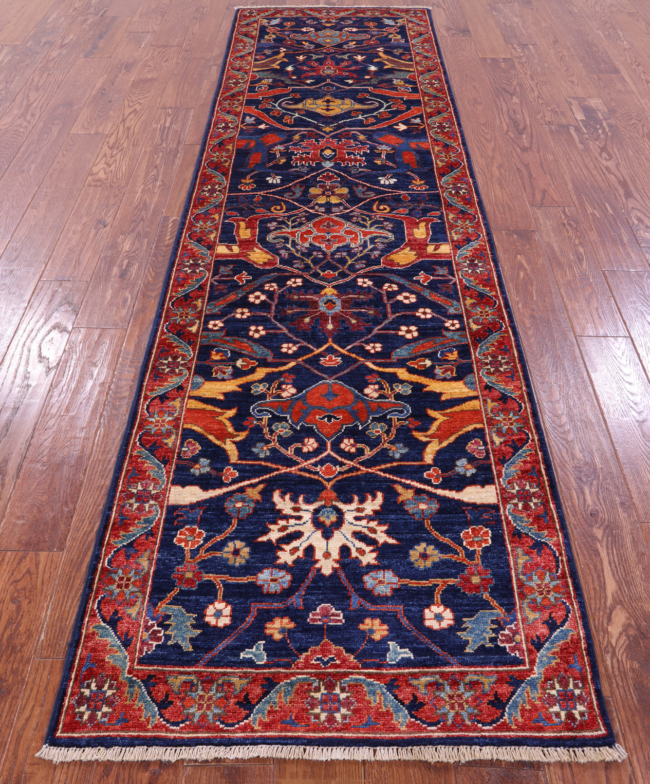 Blue Persian Fine Serapi Hand Knotted Wool Runner Rug - 2' 9" X 9' 7" - Golden Nile