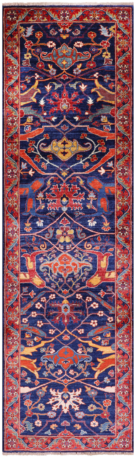 Blue Persian Fine Serapi Hand Knotted Wool Runner Rug - 2' 9" X 9' 7" - Golden Nile