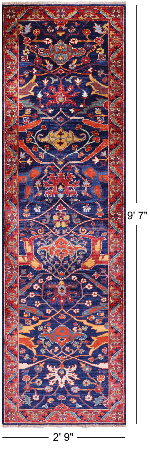 Blue Persian Fine Serapi Hand Knotted Wool Runner Rug - 2' 9" X 9' 7" - Golden Nile