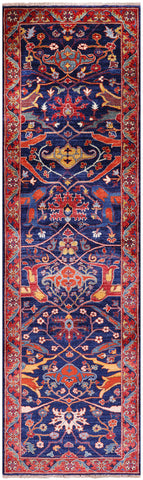 Blue Persian Fine Serapi Hand Knotted Wool Runner Rug - 2' 9