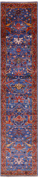 Blue Persian Fine Serapi Handmade Wool Runner Rug - 2' 8" X 11' 9" - Golden Nile