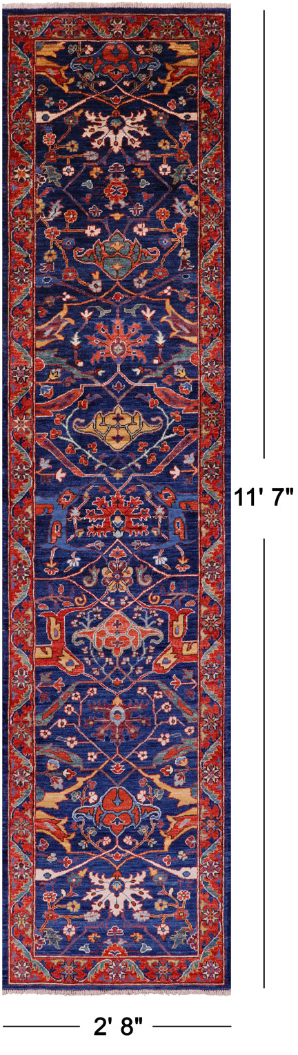 Blue Persian Fine Serapi Hand Knotted Wool Runner Rug - 2' 8" X 11' 7" - Golden Nile