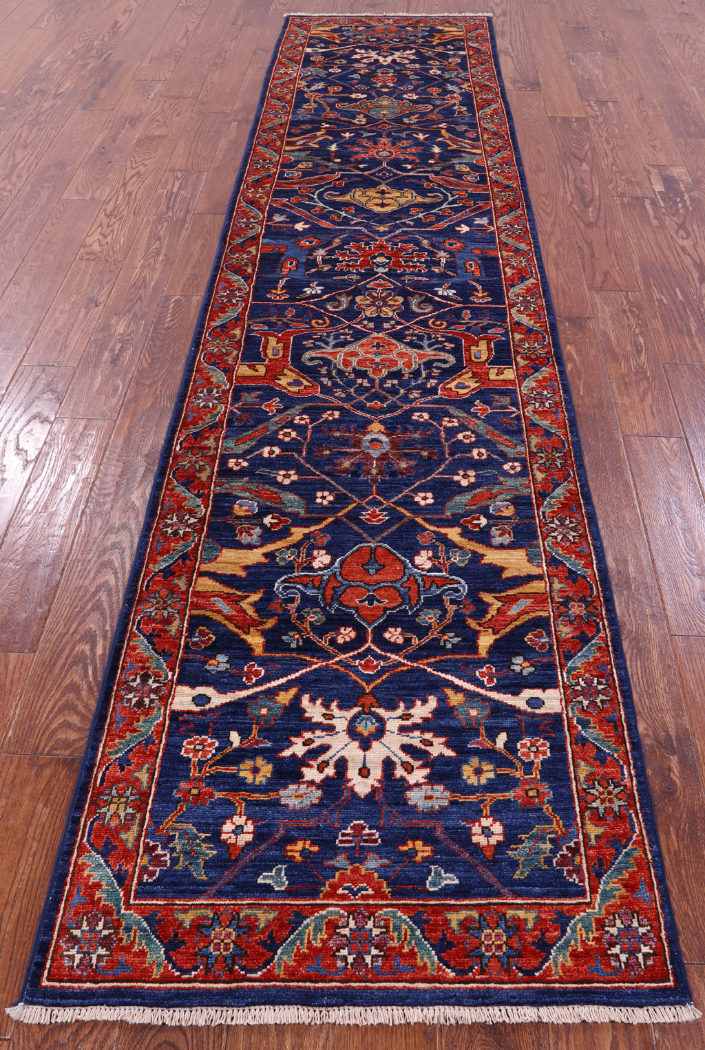 Blue Persian Fine Serapi Hand Knotted Wool Runner Rug - 2' 8" X 11' 7" - Golden Nile