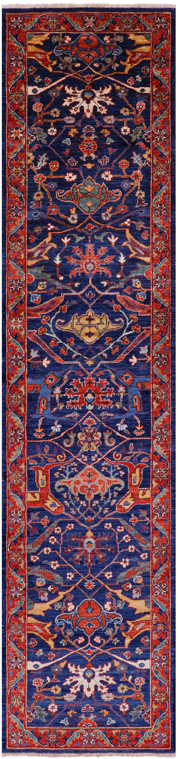 Blue Persian Fine Serapi Hand Knotted Wool Runner Rug - 2' 8" X 11' 7" - Golden Nile