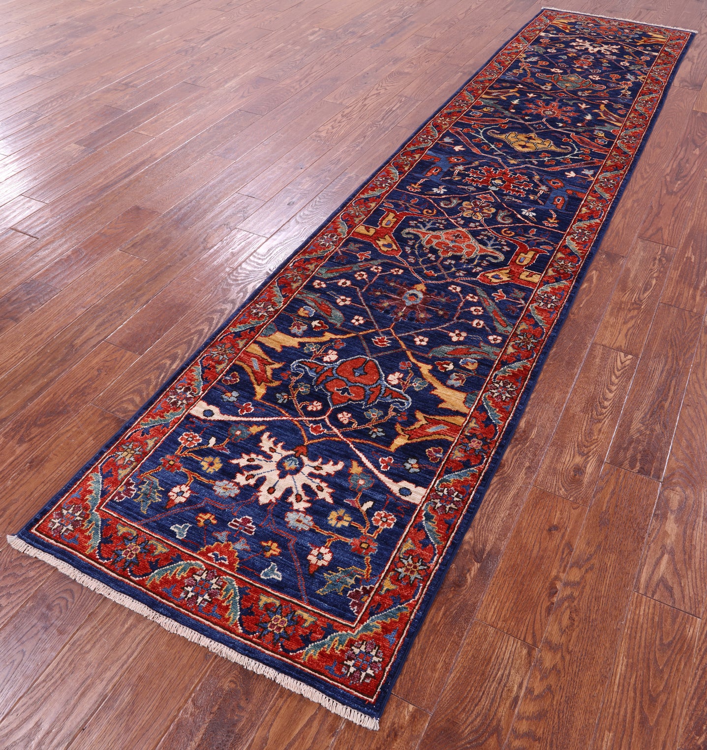 Blue Persian Fine Serapi Hand Knotted Wool Runner Rug - 2' 8" X 11' 7" - Golden Nile