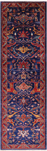 Blue Persian Fine Serapi Handmade Wool Runner Rug - 2' 9