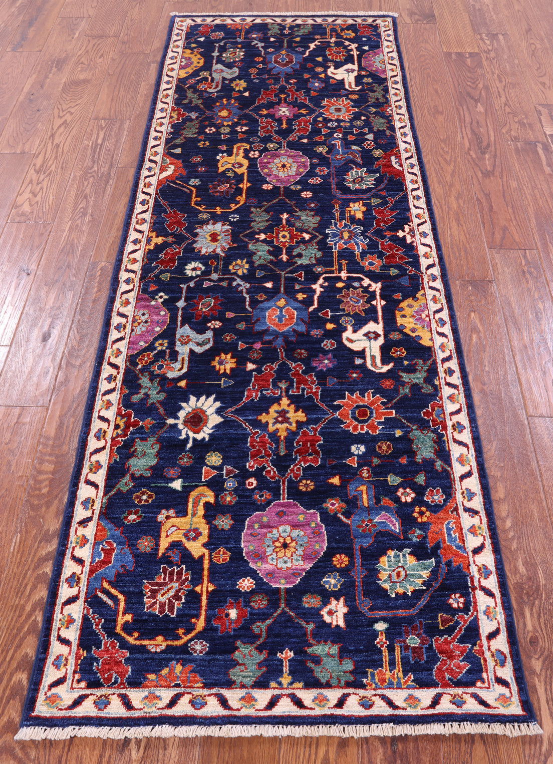 Blue Persian Fine Serapi Hand Knotted Wool Runner Rug - 2' 9" X 8' 0" - Golden Nile
