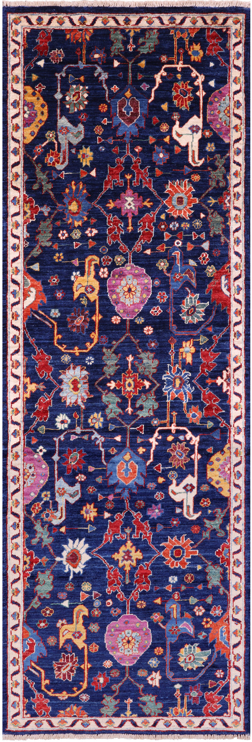 Blue Persian Fine Serapi Hand Knotted Wool Runner Rug - 2' 9" X 8' 0" - Golden Nile