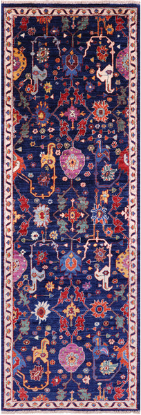 Blue Persian Fine Serapi Hand Knotted Wool Runner Rug - 2' 9" X 8' 0" - Golden Nile