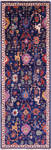 Blue Persian Fine Serapi Hand Knotted Wool Runner Rug - 2' 9