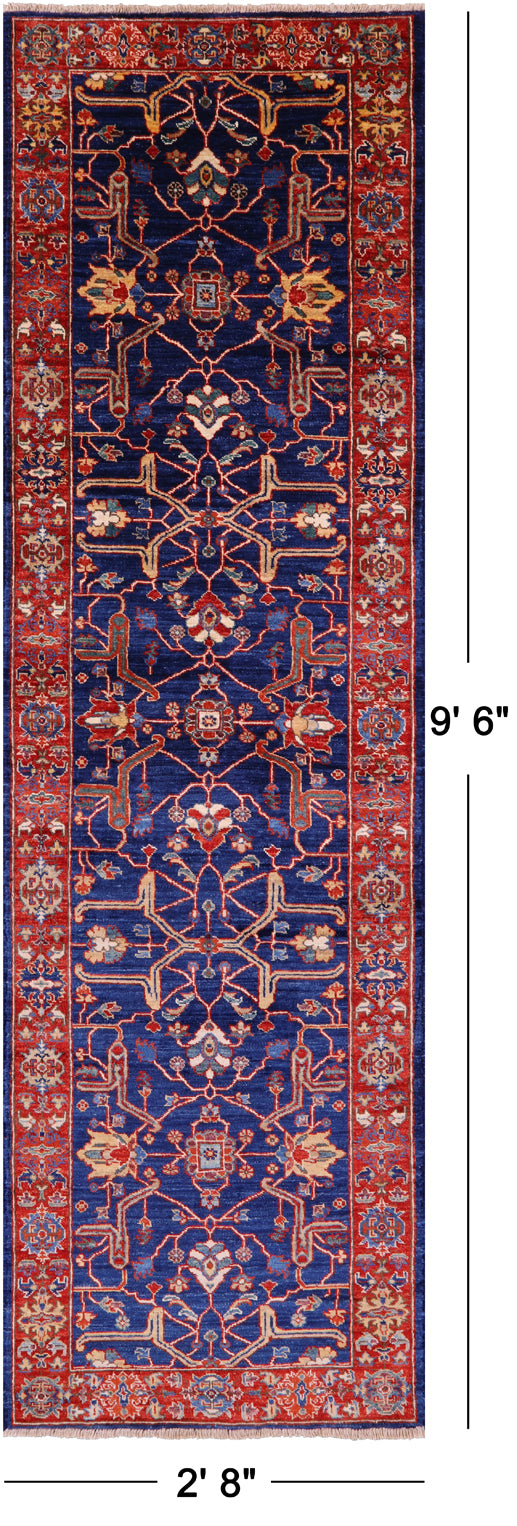 Blue Persian Fine Serapi Hand Knotted Wool Runner Rug - 2' 8" X 9' 6" - Golden Nile