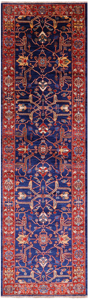 Blue Persian Fine Serapi Hand Knotted Wool Runner Rug - 2' 8" X 9' 6" - Golden Nile