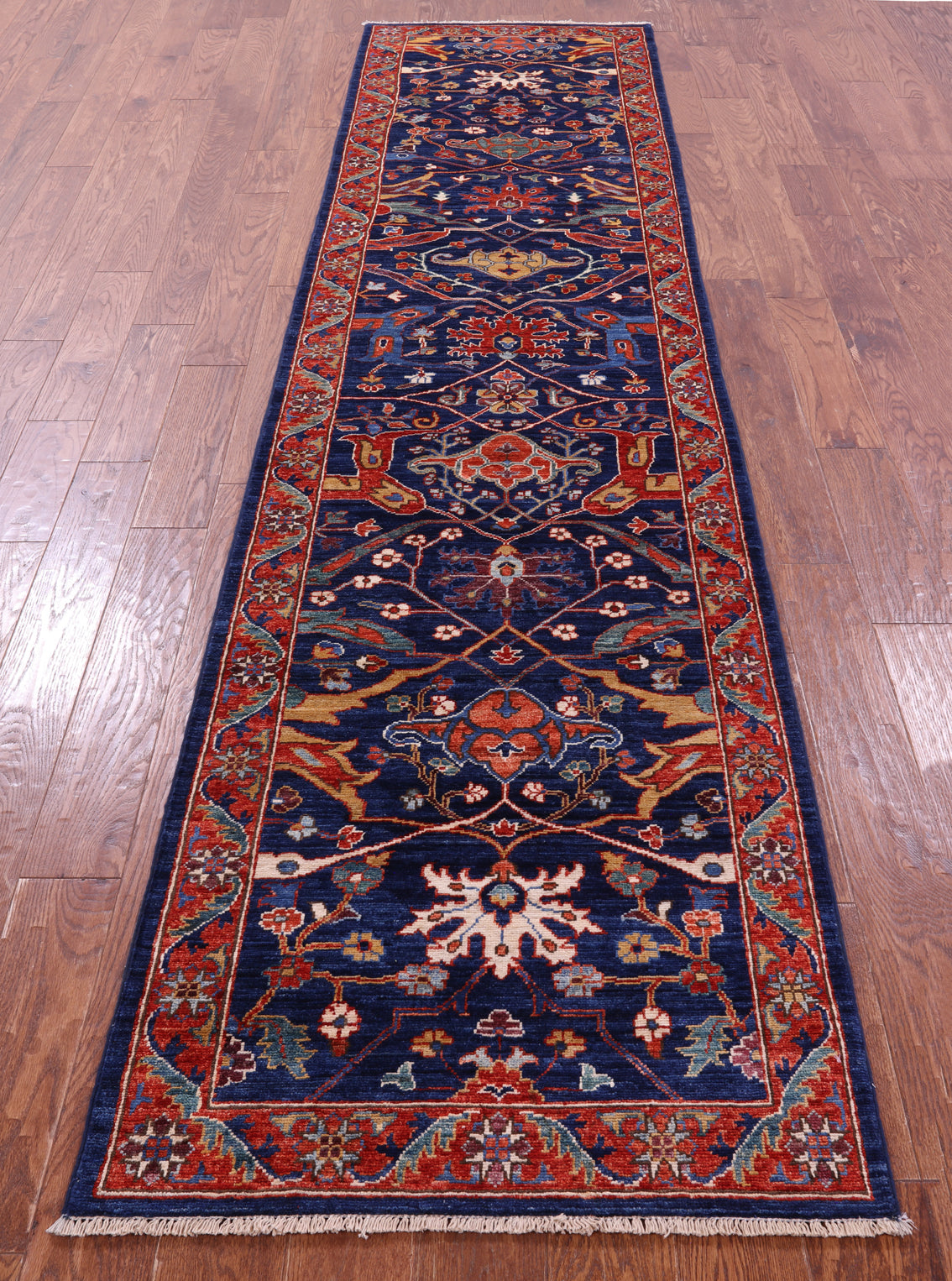 Blue Persian Fine Serapi Hand Knotted Wool Runner Rug - 2' 9" X 11' 7" - Golden Nile