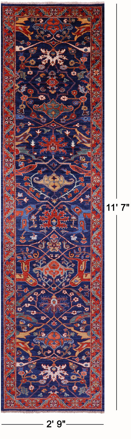 Blue Persian Fine Serapi Hand Knotted Wool Runner Rug - 2' 9" X 11' 7" - Golden Nile