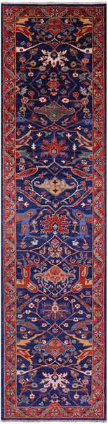 Blue Persian Fine Serapi Hand Knotted Wool Runner Rug - 2' 9" X 11' 7" - Golden Nile